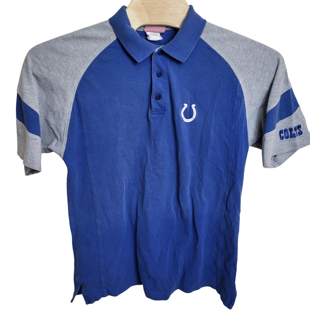 Indianapolis Colts Mens Large NFL Blue‎ Gray Raglan Polo Shirt Embroidered READ